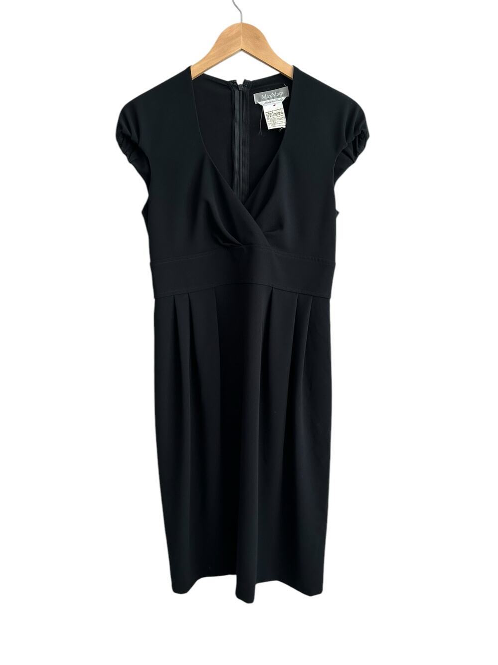 Max Mara Black Cap Sleeve Knee Length Surplice V Neck Dress Size 38 Small